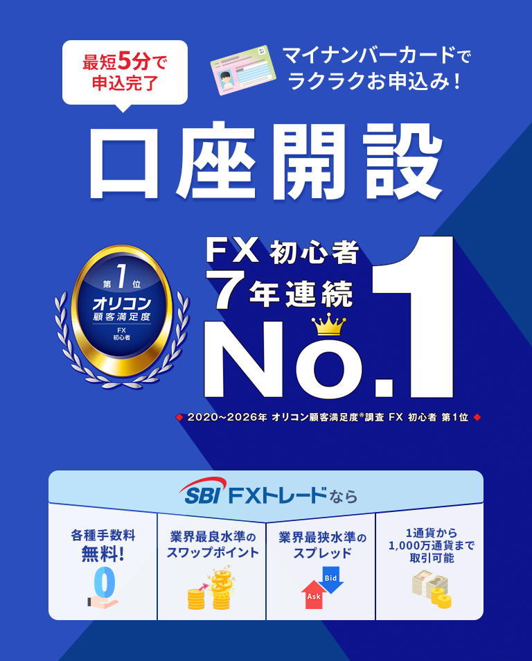 最短5分で申込完了 口座開設 マイナンバーカードでラクラクお申込み！ FX初心者7年連続No.1 2020~2026年 オリコン顧客満足度調査FX 初心者第1位 SBI FXトレードなら各種手数料無料!、業界最良水準のスワップポイント、業界最挟水準のスプレッド、1通貨から1,000万通貨まで取引可能