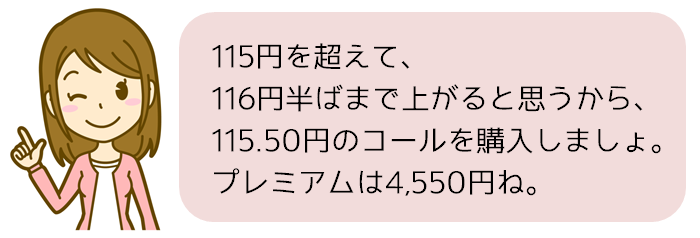 115円を超えて、116円半ばまで上がると思うから、115.50円のコールを購入しましょ。プレミアムは4,550円ね。