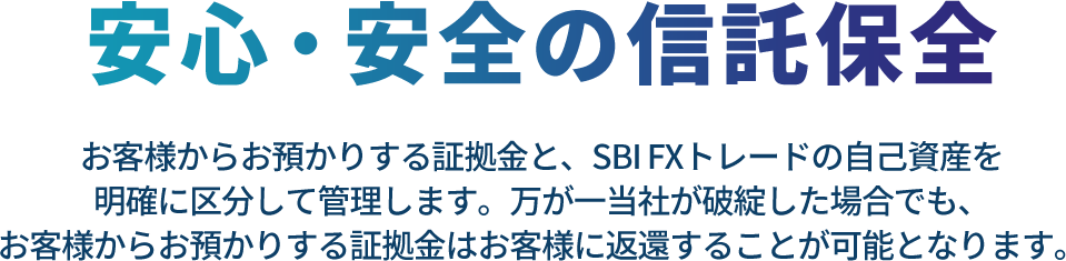 安心・安全の信託保全 お客様からお預かりする証拠金と、SBIFXトレードの自己資産を明確に区分して管理します。万が一当社が破綻した場合でも、お客様からお預かりする証拠金はお客様に返還することが可能となります。