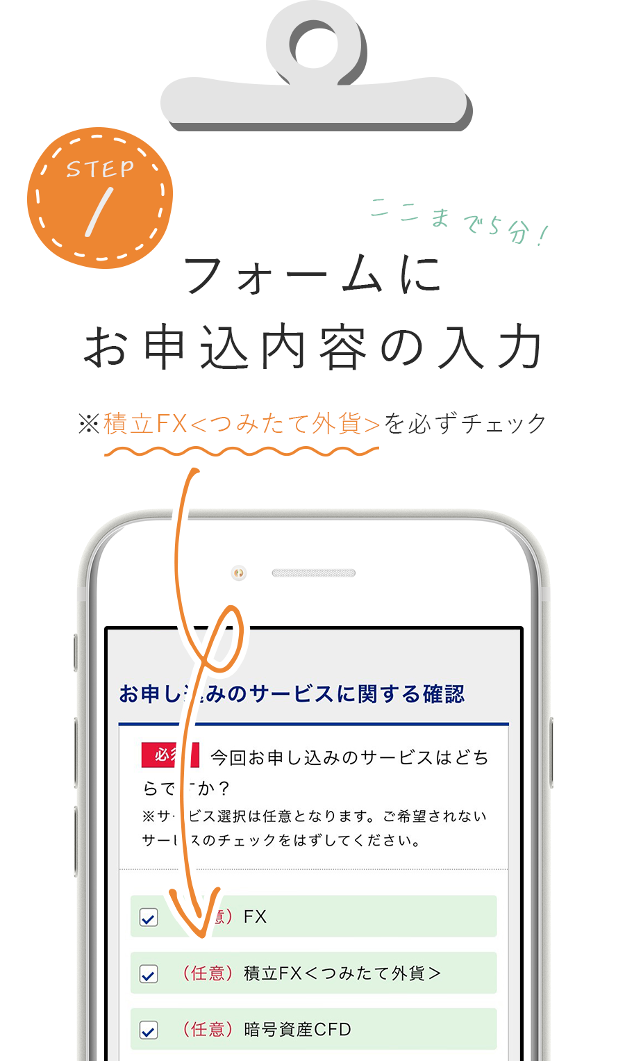 step1　フォームにお申込内容を入力　※積立FX＜つみたて外貨＞を必ずチェック