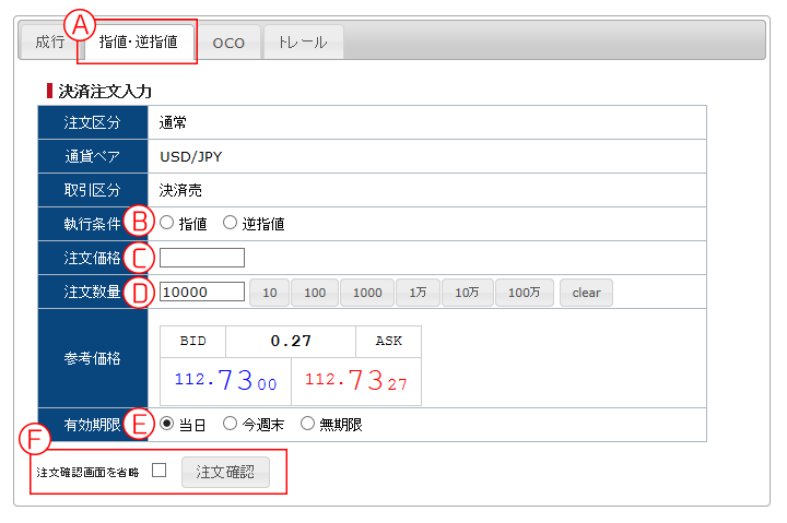 指値逆指値決済注文画面