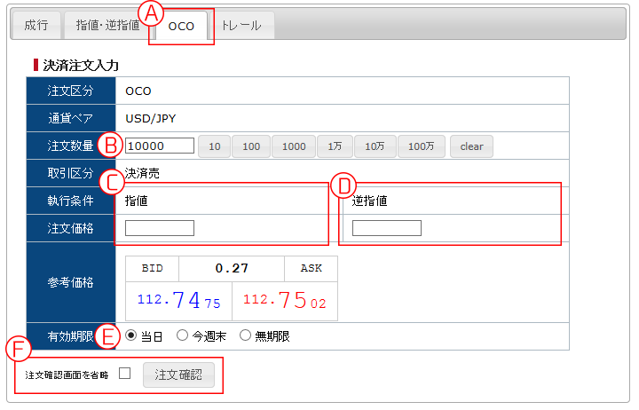 OCO決済注文画面