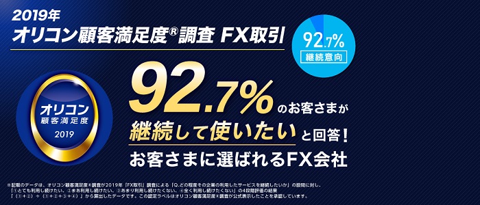 2019年 オリコン顧客満足度(R)調査 FX取引 継続意向92.7%