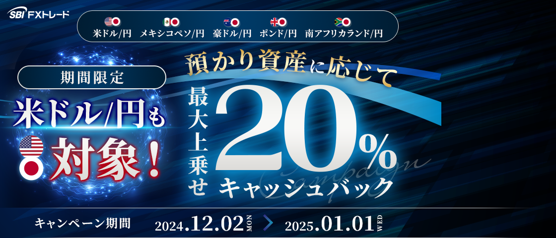 \今月は「米ドル/円」もキャッシュバックの対象通貨となります!/預かり資産に応じて最大20%上乗せキャッシュバックも実施中。